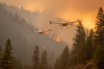 Fototapeta premium firefighting drones create safe corridor in forest during wildfire
