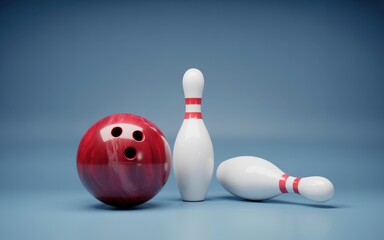 Bowling Ball and Pins: A dynamic shot featuring a red bowling ball, two pins, one standing tall and another lying down, a vivid representation of strike, leisure, sport and the competition. 