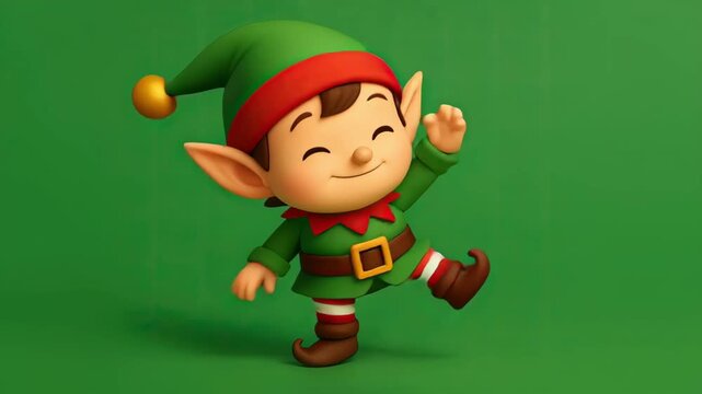 Cute Cartoon Christmas Elf Dancing on a Green Background. . Seamless Loop