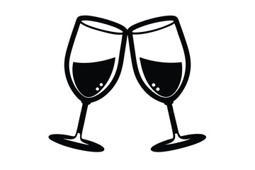 Black and White Clipart Illustration of Two Wine Glasses Clinking Together in Celebration