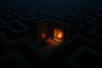 A surreal metaphor for finding peace and comfort within life's complexities, showing a warm, cozy fireplace at the center of a massive stone labyrinth.