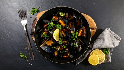 Pan-seared mussels with lemon and herbs