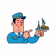 Friendly travel agent presenting miniature famous world monuments, inviting you to explore iconic international destinations and plan your dream vacation
