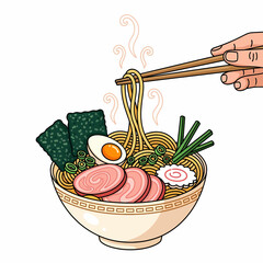 Delicious ramen bowl illustration with chopsticks holding noodles, a classic Japanese dish