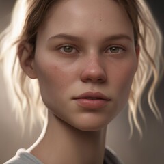 Fototapeta premium A highly detailed, hyper-realistic close-up portrait of an AI-generated human face. This digital artwork features lifelike skin textures, expressive eyes, and natural lighting.