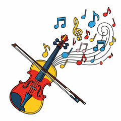 Vibrant Cartoon Violin with Bow and Swirl of Colorful Musical Notes, Expressing the Joy of Melody and Artistic Performance