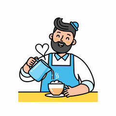 Smiling barista pouring milk into a coffee cup, forming a heart, flat vector illustration