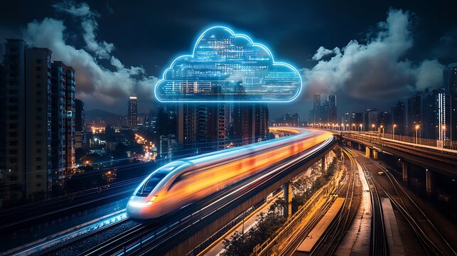 High- Speed Train Under Digital Cloud Symbol In Urban Nightscape cloud computing photo - Powered by Adobe