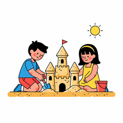 Building Memories Children Constructing a Sandcastle on a Sunny Beach, Enjoying Seaside Fun
