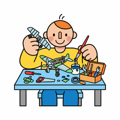Child Building and Painting a Model Airplane