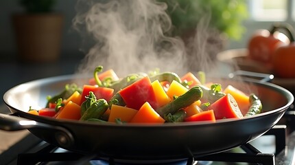 Hyper Detailed Food Scene of Vegetables Cooking on Stove