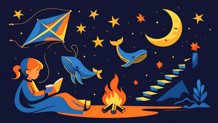A girl reading a book under the moonlight with whales flying