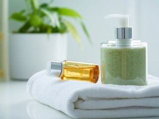 Spa Day Serenity: A composition featuring organic soaps and a rejuvenating essence bottle on a plush towel. Evoking a sense of calm, peace, and luxurious spa treatments. 
