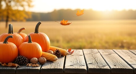 Autumn harvest pumpkins corn nuts on rustic wooden table with golden field sunset backdrop
