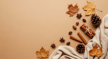 Cozy autumn aesthetic flat lay with pinecones cinnamon sticks and dried leaves