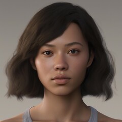 A highly detailed, hyper-realistic close-up portrait of an AI-generated human face. This digital artwork features lifelike skin textures, expressive eyes, and natural lighting.