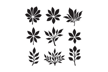 Collection of stylized black leaf silhouettes on white background