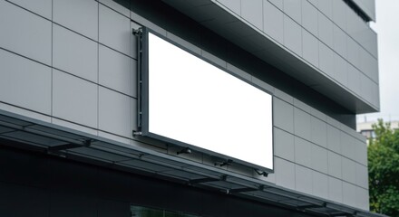 Large advertising board displayed on modern facade.
