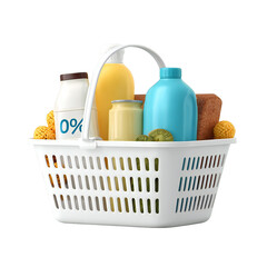 A white shopping basket filled with various grocery items, including milk, juice, bread, and other food products, isolated on a transparent background