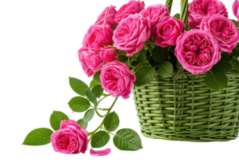 A full green wicker basket overflowing with lush pink David Austin roses, dew drops, and fresh leaves, some spilled on a wet surface against a transparent background, romantic still life composition