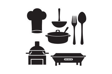 Black silhouette collection of chef hat and cooking utensils