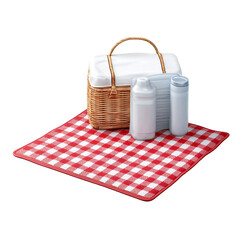 A woven picnic basket with a white lid sits on a red and white checkered blanket, accompanied by two white bottles, isolated on transparent background