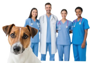 Cute brown and white Jack Russell Terrier dog, head tilted, sharp focus, looking at camera. Softly blurred white studio background with smiling veterinary team. Professional animal care concept