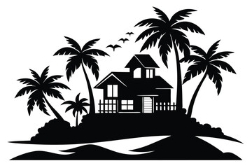 Obraz premium Black Silhouette Tropical House, Palm Trees, Ocean Waves, and Birds Flying Above Island
