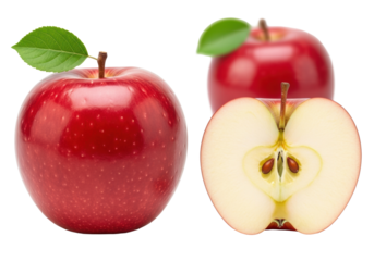 One whole and one halved vibrant red apple with green leaf, stem, seeds, juicy flesh in sharp focus on transparent background, blurred apple in back, copy space. Healthy food concept