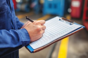 A worker dressed in a blue uniform is writing on a clipboard while standing in a well-lit workshop. The setting is busy with equipment and tools visible in the background