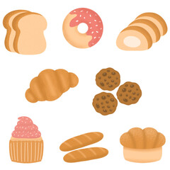 Cute hand-drawn bakery illustration set featuring bread, donut, croissant, cookies, cupcake, and baguette. Perfect for food design, menu decoration, stickers, and digital projects.