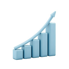 A light blue 3d bar graph with an upward trending arrow indicating growth and progress, isolated on a transparent background