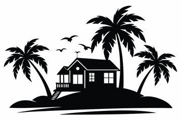 Obraz premium Silhouette of a Beach House on a Small Island with Palm Trees and Flying Birds