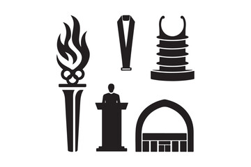 Collection of silhouette icons representing sports and architecture
