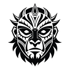 Tribal Mask Tattoo Design in Black and White with Intricate Geometric Patterns