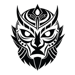 Fototapeta premium Black Tattoo Design of Tribal Demon Face with Horns and Sharp Details