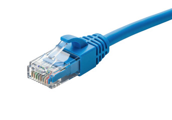 Blue RJ45 Ethernet network connector with transparent front showing eight internal wires, attached to a blue cable on white background, copy space, studio light. Concept of network connectivity and