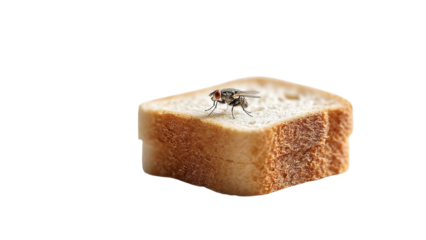 PNG of A close-up shot of a fly perched on a slice of bread, showcasing intricate details of the insect and texture of the bread.