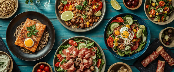 Artistic Editorial-Style Flat-Lay of Healthy Gourmet Cuisine: Suitable for Wellness Publications, Nutrition Guides, Restaurant Menus, Marketing Materials, Food Industry Promotions, or Advertising