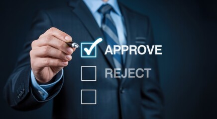 Decision Maker: A person, elegantly attired in a formal suit, makes a decisive choice by marking an approval, symbolizing the concept of authority and judicious decision-making.