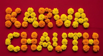 Karwa Chauth Celebration with Marigold Flowers Decoration on Red Background