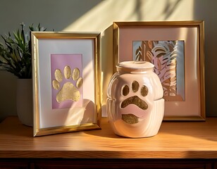 Two framed pet memorial pieces and a keepsake urn