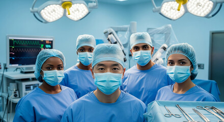 A confident and diverse surgical team stands in a modern operating room, a powerful portrait of medical expertise, trust, and healthcare excellence.