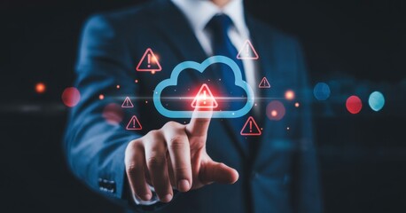 Cloud Data Security: A professional in a dark suit interacts with a glowing cloud graphic, symbolizing secure data transfer and network protection, amidst a constellation of digital security elements.