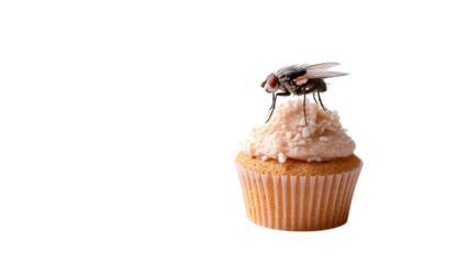 PNG of A close-up of a cupcake topped with icing and sprinkles, featuring a fly perched on top, showcasing an intriguing contrast.