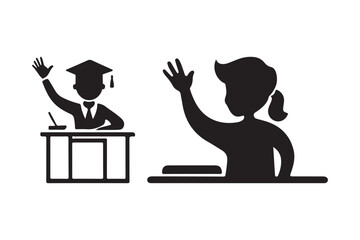 Students raising hands in classroom silhouette icons