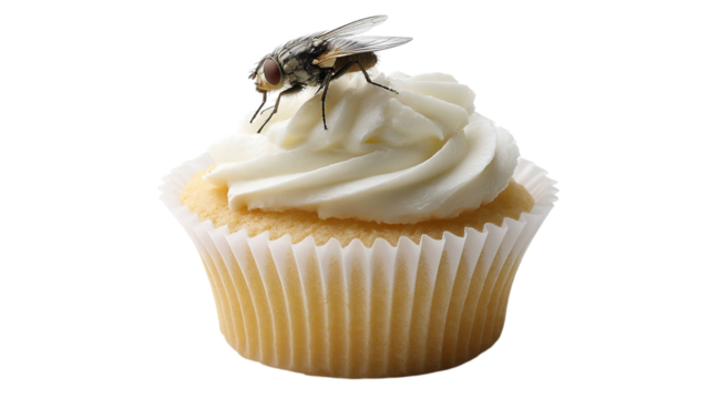 PNG of A fly perched on a creamy vanilla cupcake, highlighting an unappetizing moment in a lighthearted food setting.