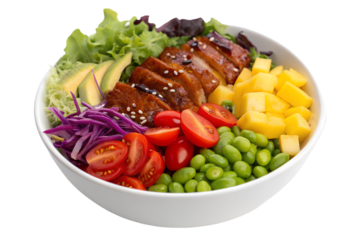 Healthy Teriyaki Chicken Salad Bowl with Fresh Vegetables and Fruit, A Delicious and Nutritious Meal Option