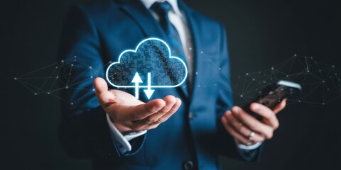 Cloud Technology at Hand: A man in a suit delicately presents a digitally rendered cloud icon, symbolizing cloud storage and the accessibility of digital data. A cutting-edge concept