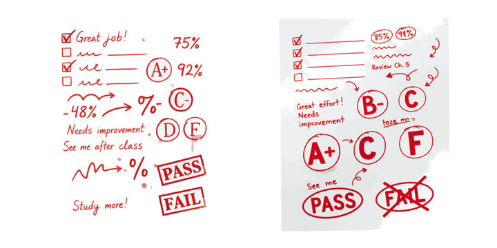 Educational assessment grades, pass and fail, with handwritten comments and percentage scores on white paper, perfect for educational and academic designs